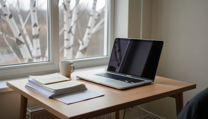 A small wooden desk holds a laptop, a stack of folded letters and a pen, with a glass of water to one side; a window behind shows bare birch trunks and pale winter light on the wall above the desk.
