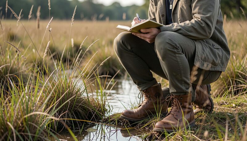 A person in worn canvas trousers and leather boots crouches among tall grass beside a narrow thread of standing water, holding an open notebook and a pen; a hayfield and a soft tree line lie beyond.
