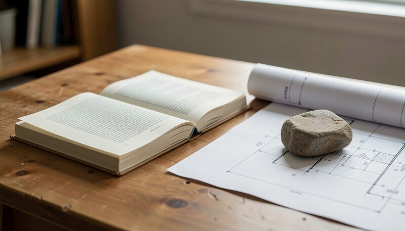 A thick bound report lies open on a wooden table beside a rolled plan sheet, its corners held down by a smooth field stone; a pencil rests across the open page and the plan edge shows faint line work.