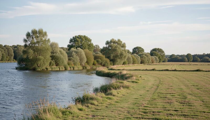 A lake shore seen from the water side, an unbroken band of shrubs and trees holding the bank between the water and an open mown field beyond; a few rocks and fallen branches lie along the waterline.