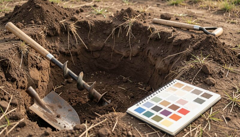 A freshly dug soil pit beside a spade on open ground, a hand auger lying next to a notebook of colour notes; the exposed horizons show pale sand over darker bands, and cut grass edges the pit.