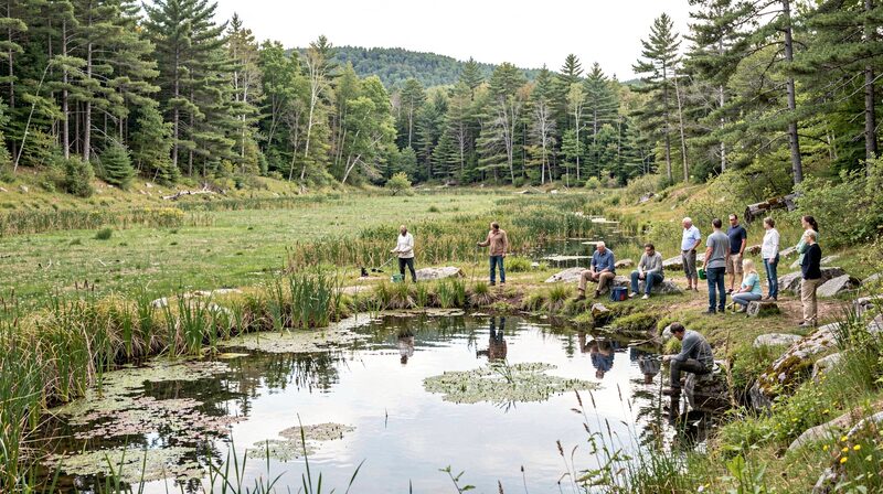 A group of people stand and sit along the grassy shore of a pond ringed with cattails and lily pads, one holding a dip net while the others watch; mixed pine and hardwood forest rises behind them under an overcast sky.