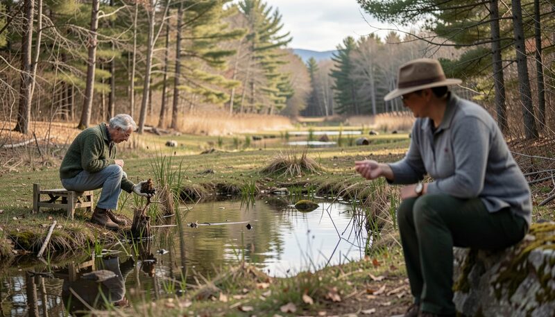 Two people work at the marshy edge of a small pond in late autumn: one sits on a folding stool and examines something in the shallows, the other crouches on a mossy granite boulder; leafless birch and pine stand behind.