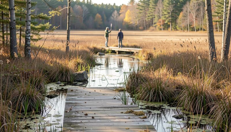 A narrow wooden footbridge crosses a quiet channel through a marsh of dry golden sedge and cattails, its planks reflected in dark water; two figures stand in the distance on a second span, with bare birch and pale autumn woods behind.