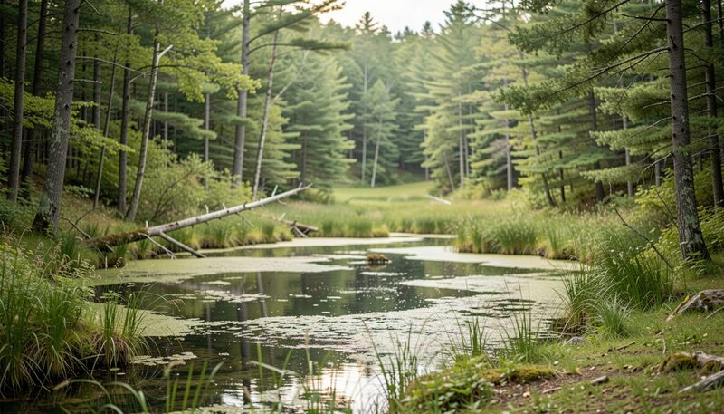 A slow green channel winds through a wetland thicket of sedge and alder, a fallen white birch leaning over the water from the bank at left, trunks of red maple and hemlock rising on both sides under soft overcast light.