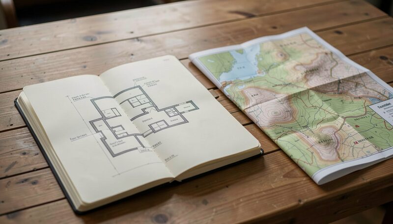 An open notebook lies on a pine table beside a folded topographic map, its left page carrying a hand drawn plan of small rectangles and its right page showing a contour map printed in green and buff, lit from the left.