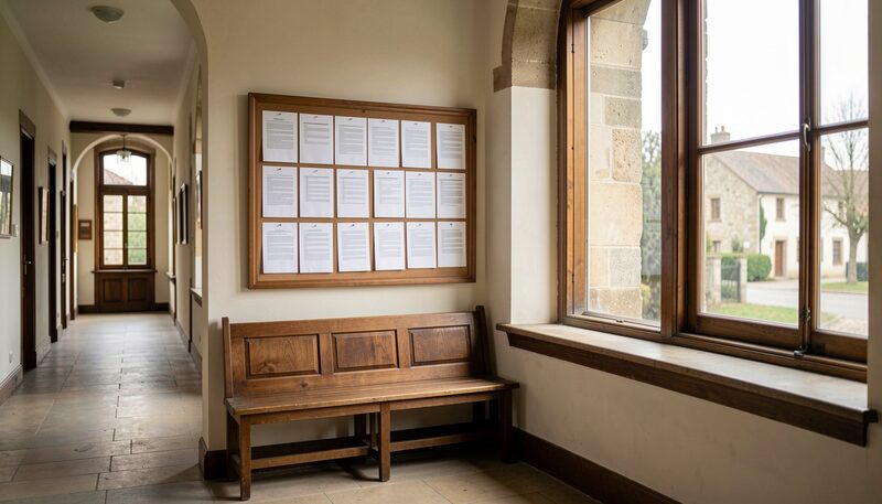 A corridor inside a municipal building, its notice board filled with plain typed sheets behind glass and a long wooden bench beneath it; a broad window at right looks out on a stone house and bare trees.
