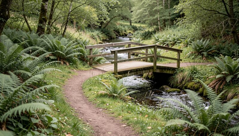 A narrow footpath winds through waist high ferns toward a low wooden footbridge over a brook, the tread worn bare in the middle; birch and hemlock close in on both sides of the trail.