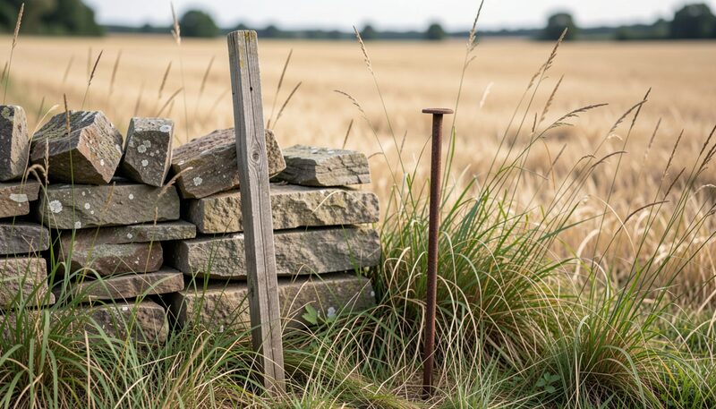 A weathered wooden stake and a rusted iron pin stand in tall grass beside a dry stone wall at the edge of a hayfield; both are bare and unmarked, with no paint and no writing on either.