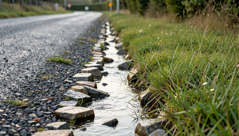 A gravel driveway runs past a shallow grassy swale with water trickling between stones at its base after rain; coarse grass and a low bank of soil edge the channel, and a line of trees closes the view ahead.